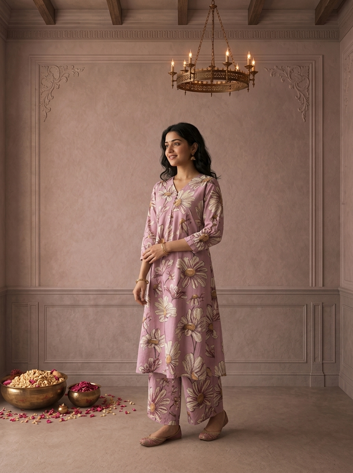 Lilac Cotton Big Daisy Printed Two Piece Set