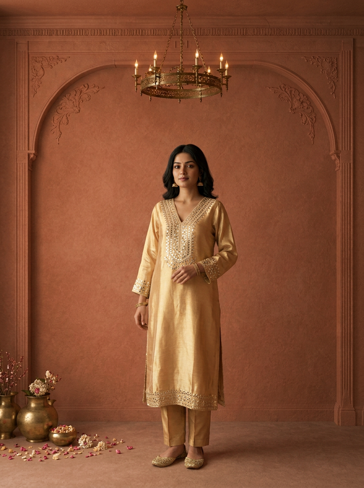 Gold Tissue Foil Mirror Embroidered Three Piece Set