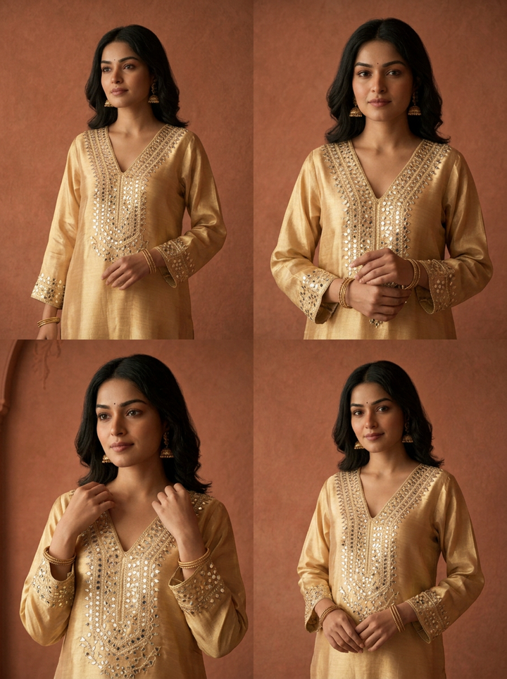 Gold Tissue Foil Mirror Embroidered Three Piece Set