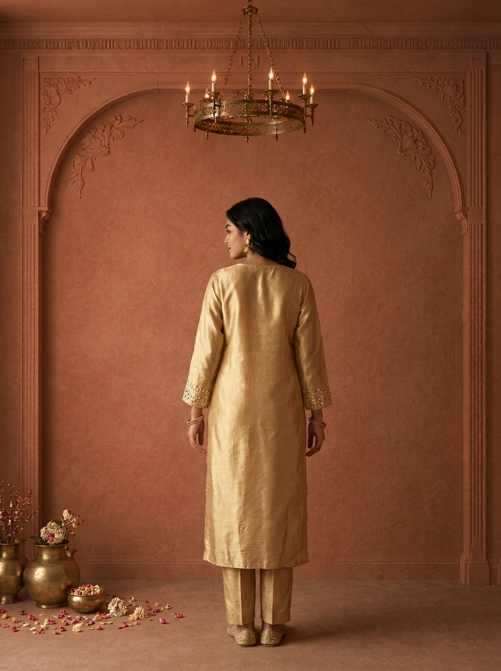 Gold Tissue Foil Mirror Embroidered Three Piece Set