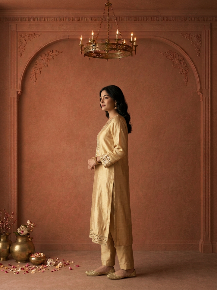 Gold Tissue Foil Mirror Embroidered Three Piece Set