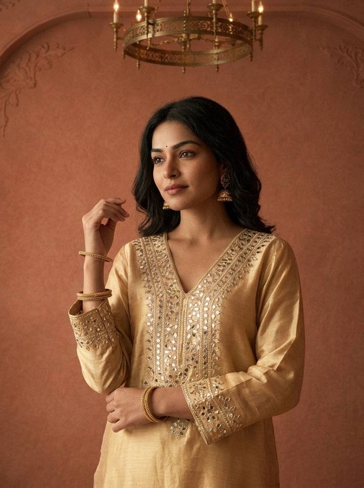 Gold Tissue Foil Mirror Embroidered Three Piece Set