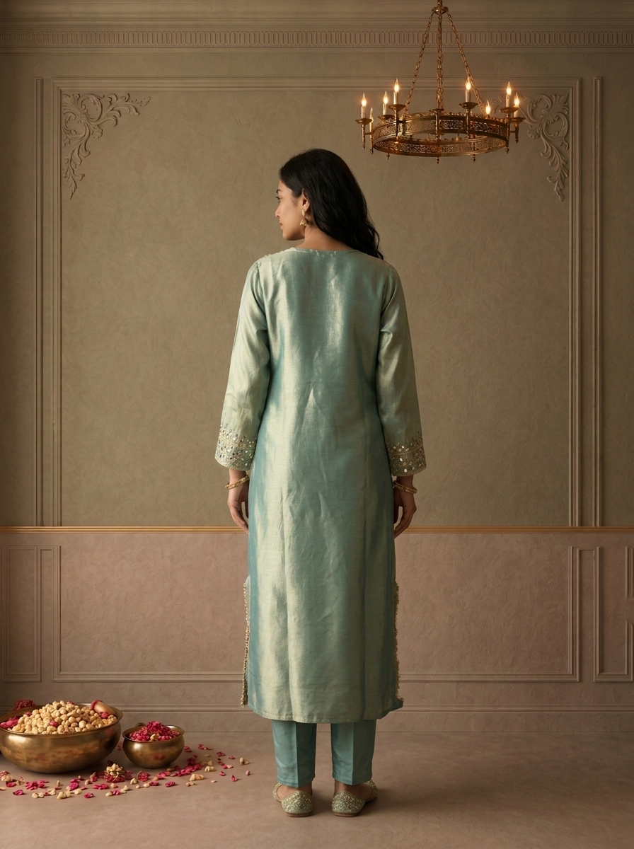 Sea Green Tissue Foil Mirror Embroidered Three Piece Set