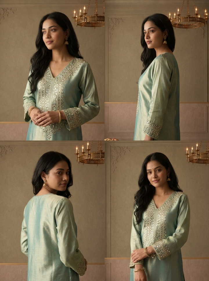 Sea Green Tissue Foil Mirror Embroidered Three Piece Set