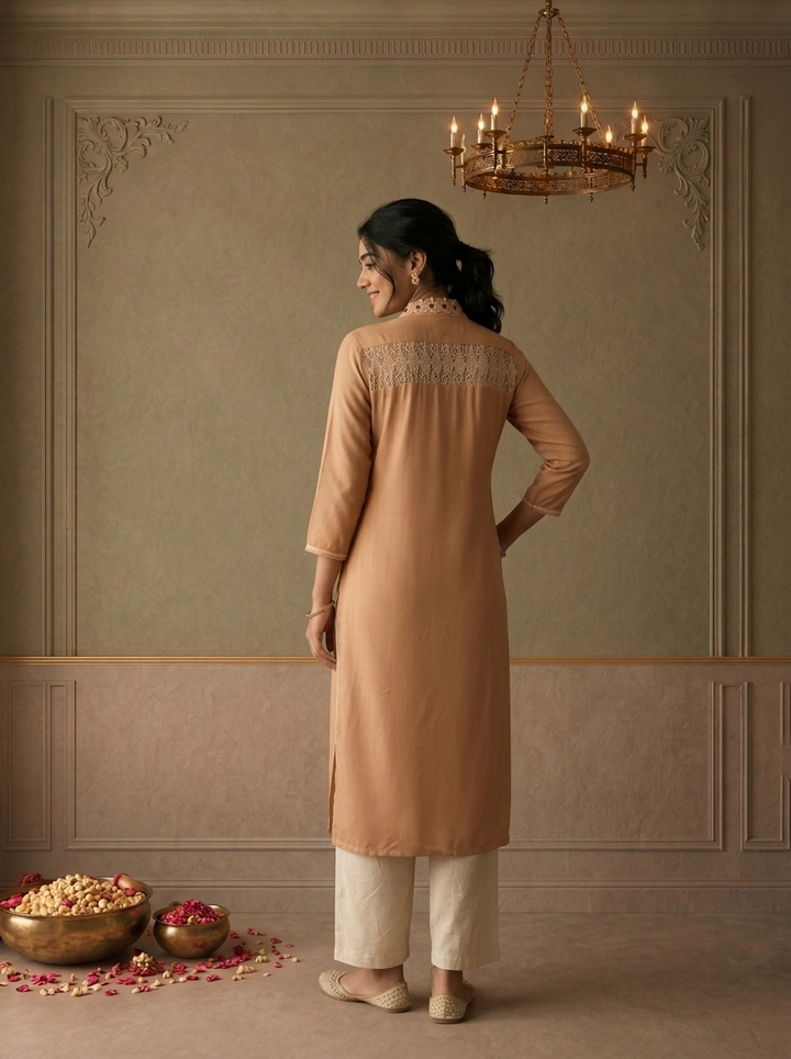 Beige Rayon Floral Thread Embroidered Kurta