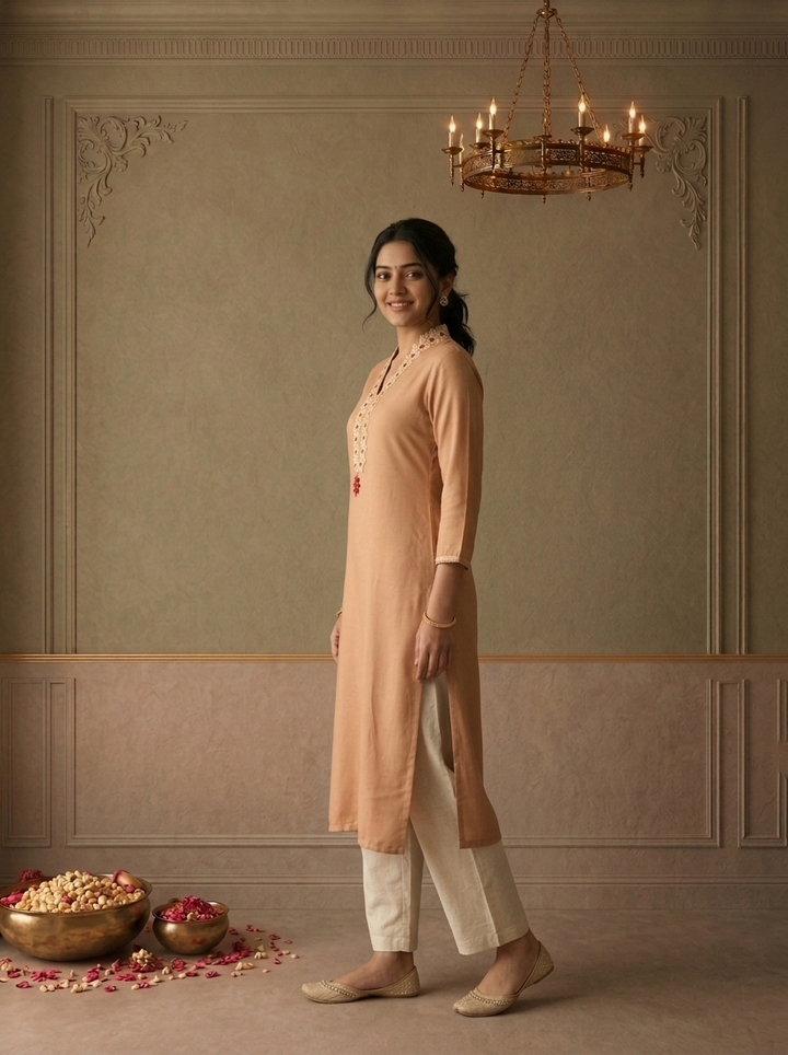 Beige Rayon Floral Thread Embroidered Kurta