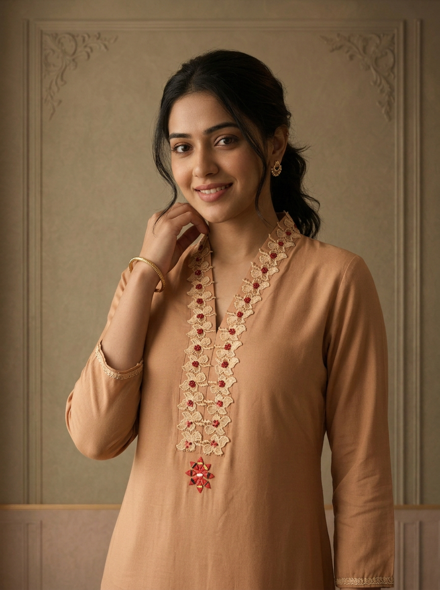 Beige Rayon Floral Thread Embroidered Kurta