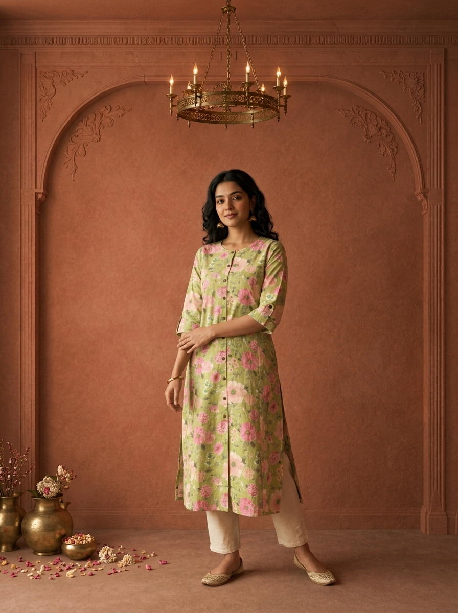 Pista Green Cotton Blossom Printed Kurta
