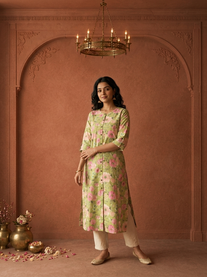 Pista Green Cotton Blossom Printed Kurta