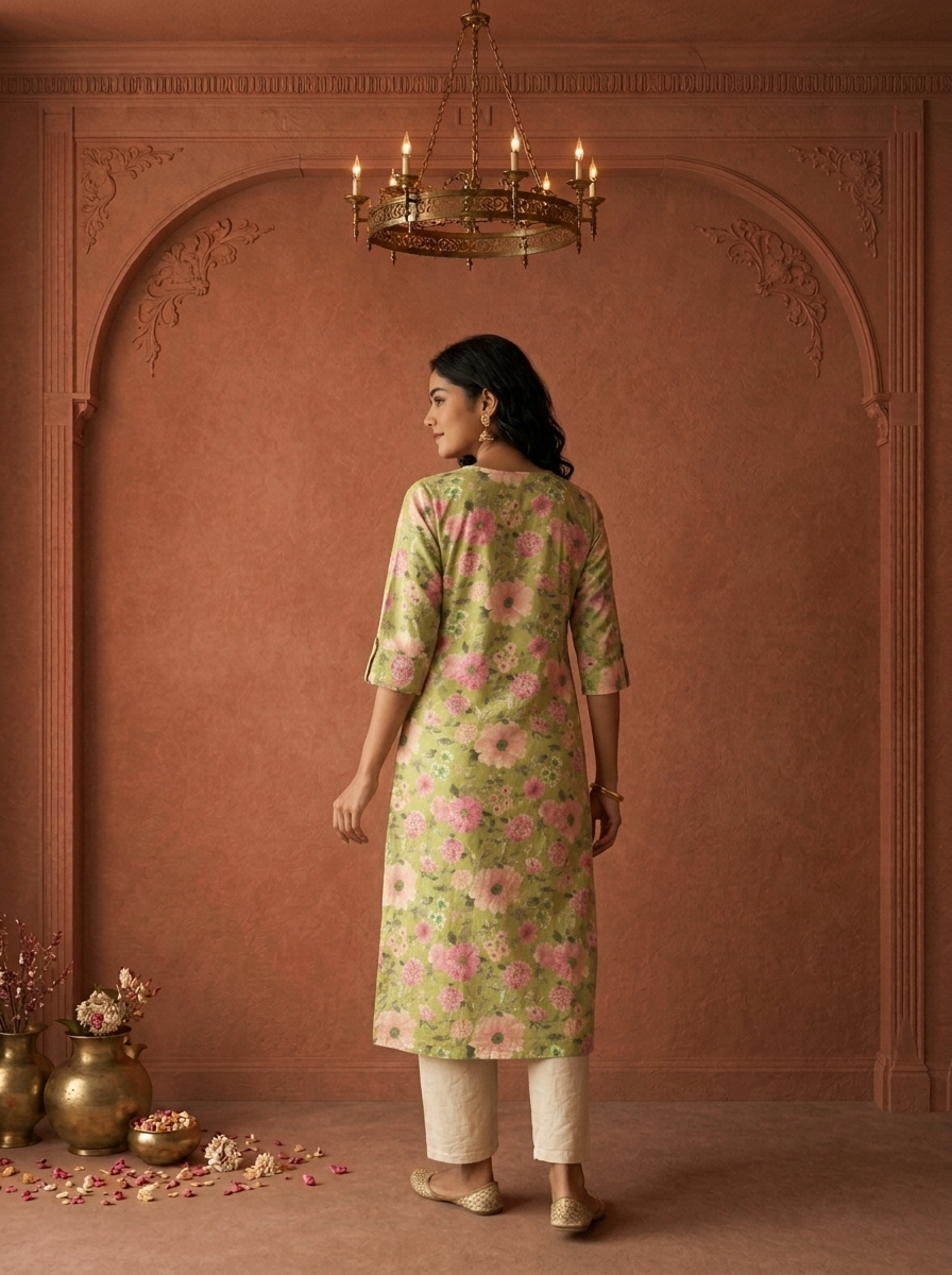 Pista Green Cotton Blossom Printed Kurta