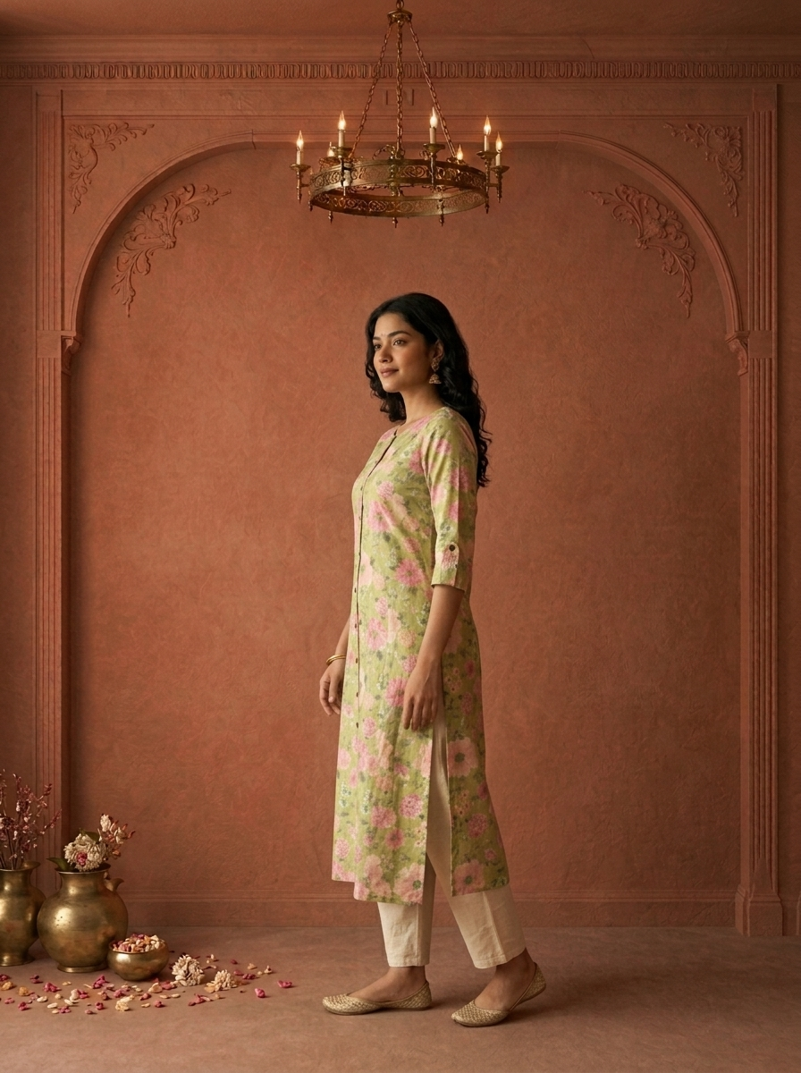 Pista Green Cotton Blossom Printed Kurta