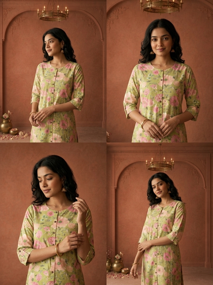 Pista Green Cotton Blossom Printed Kurta