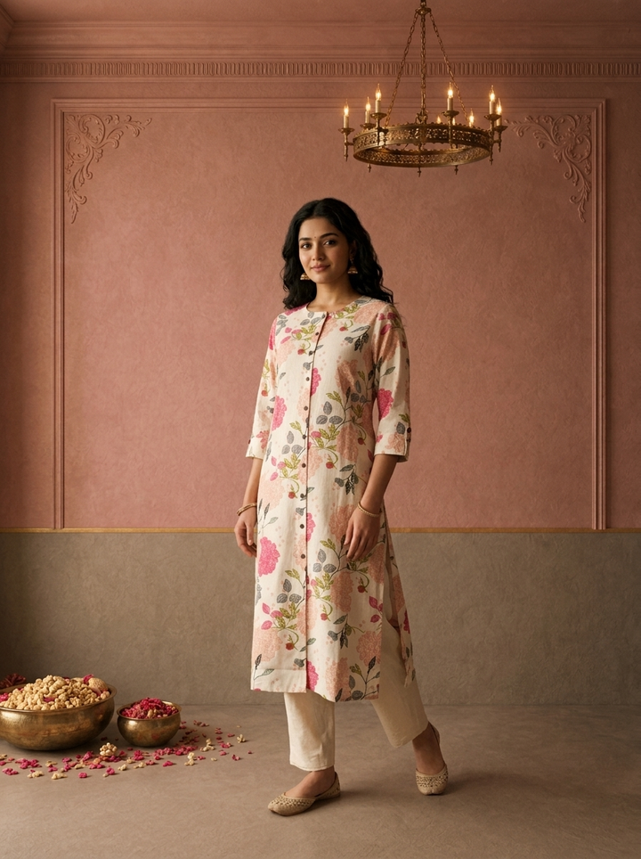 Off White Cotton Floral Jaal Printed Kurta