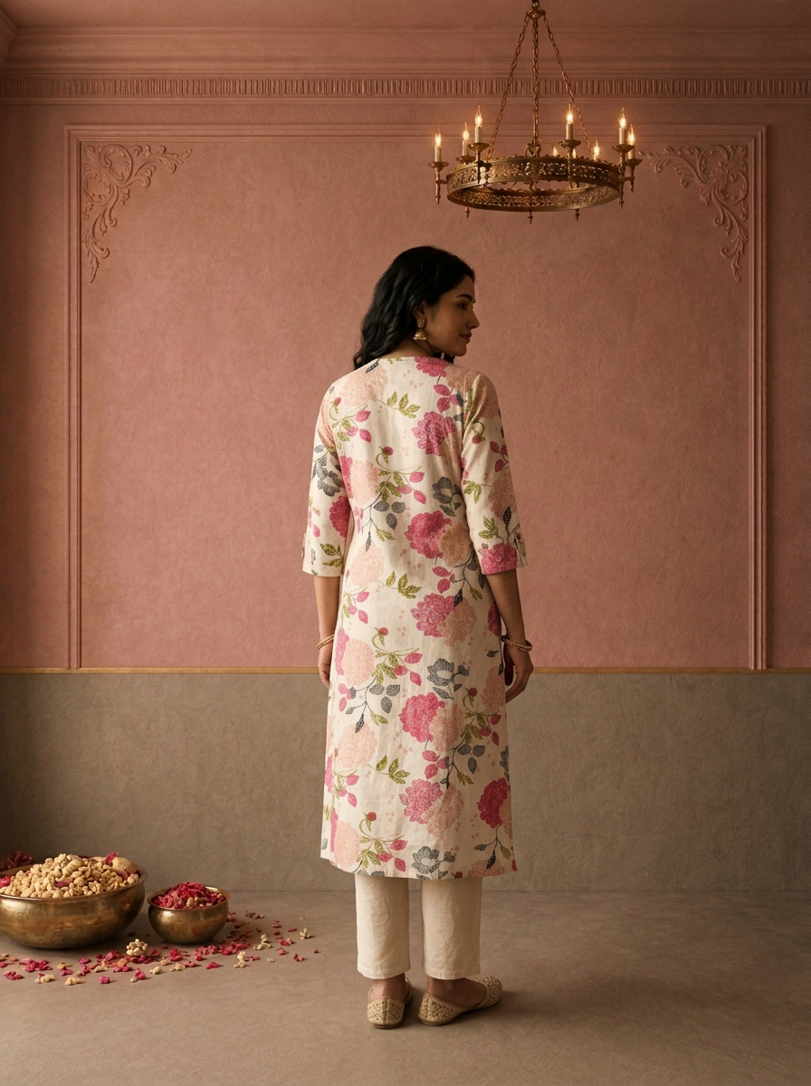 Off White Cotton Floral Jaal Printed Kurta