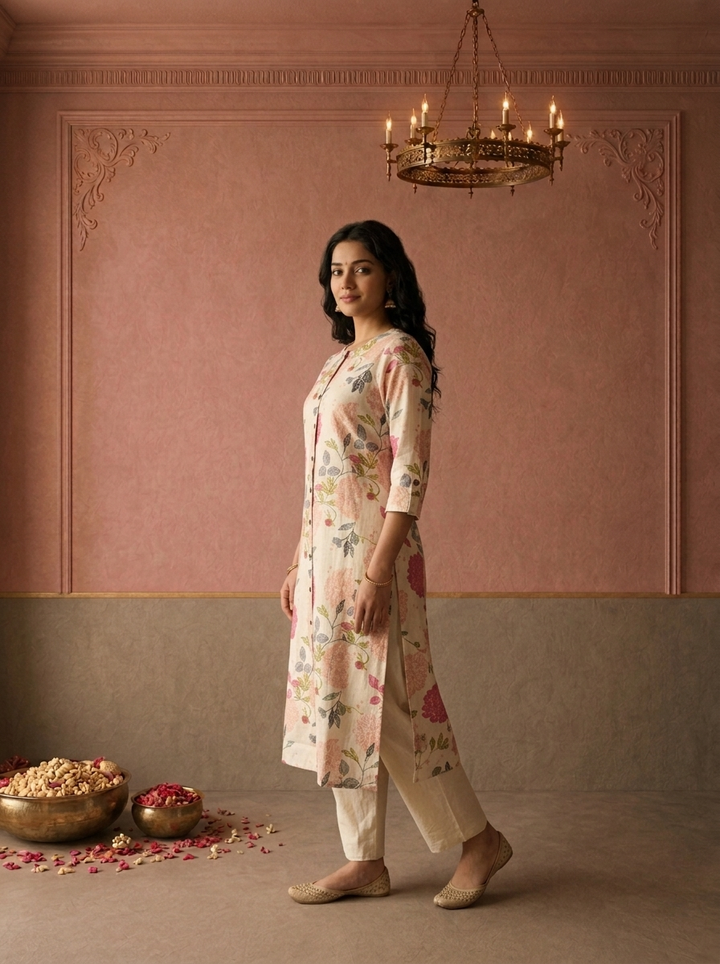 Off White Cotton Floral Jaal Printed Kurta