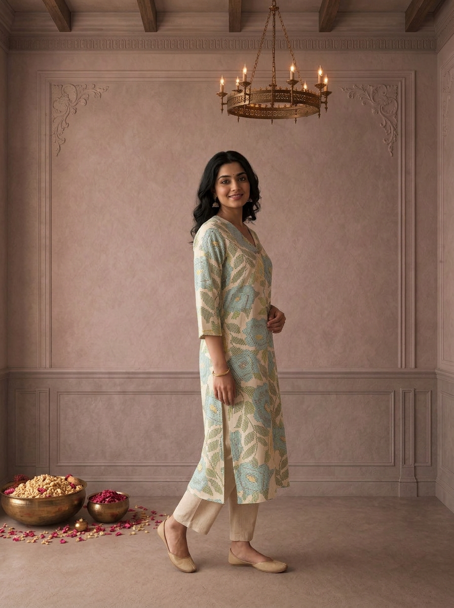 Ferozi Cotton Pixel Floral Printed Kurta