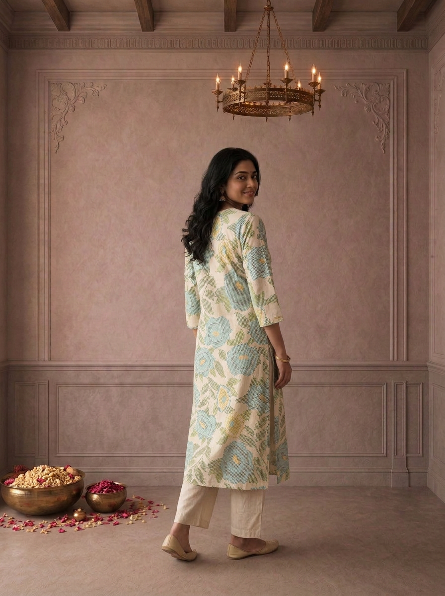 Ferozi Cotton Pixel Floral Printed Kurta