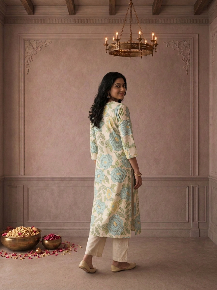 Ferozi Cotton Pixel Floral Printed Kurta