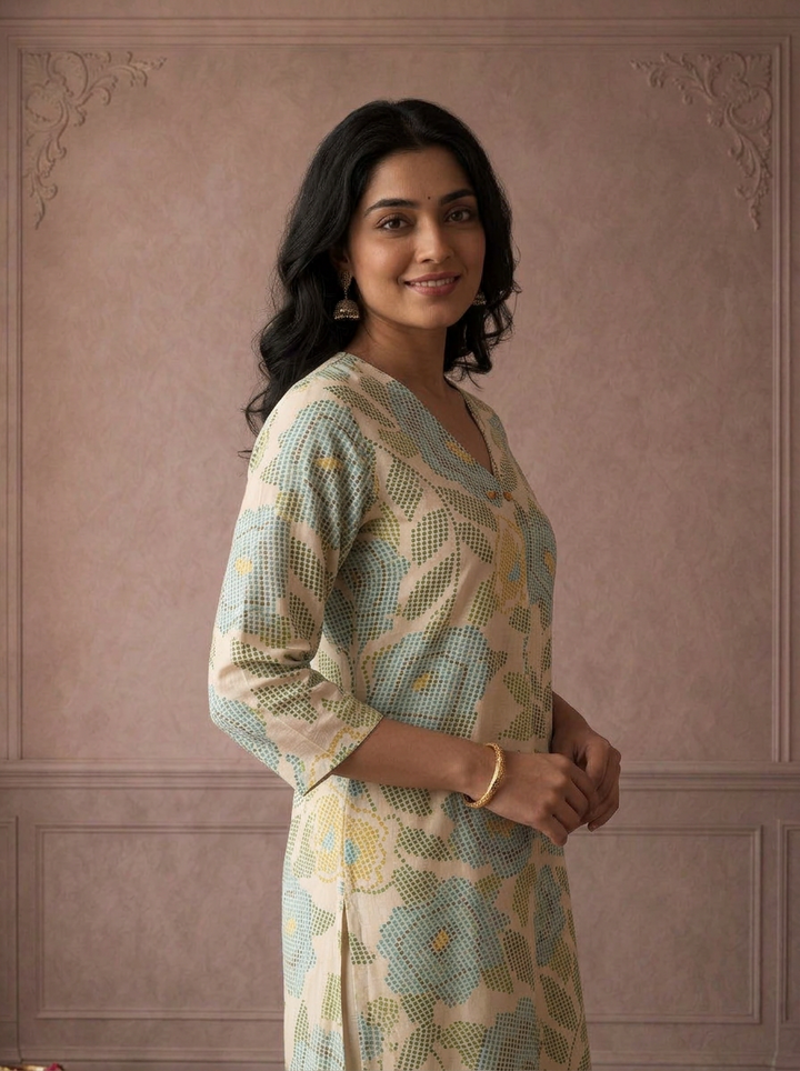 Ferozi Cotton Pixel Floral Printed Kurta