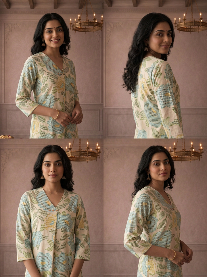 Ferozi Cotton Pixel Floral Printed Kurta