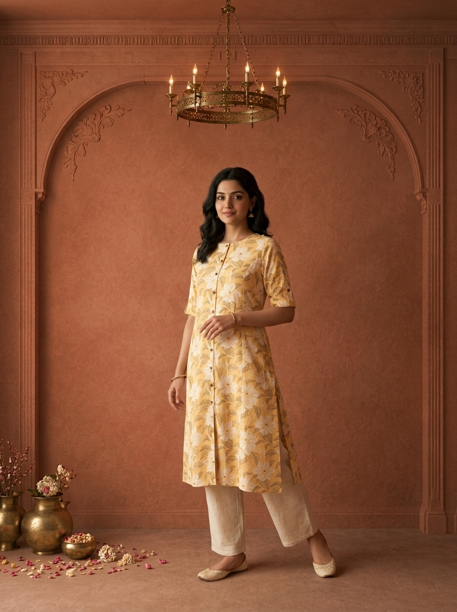 Yellow Cotton Digital Hibiscus Floral Printed Kurta