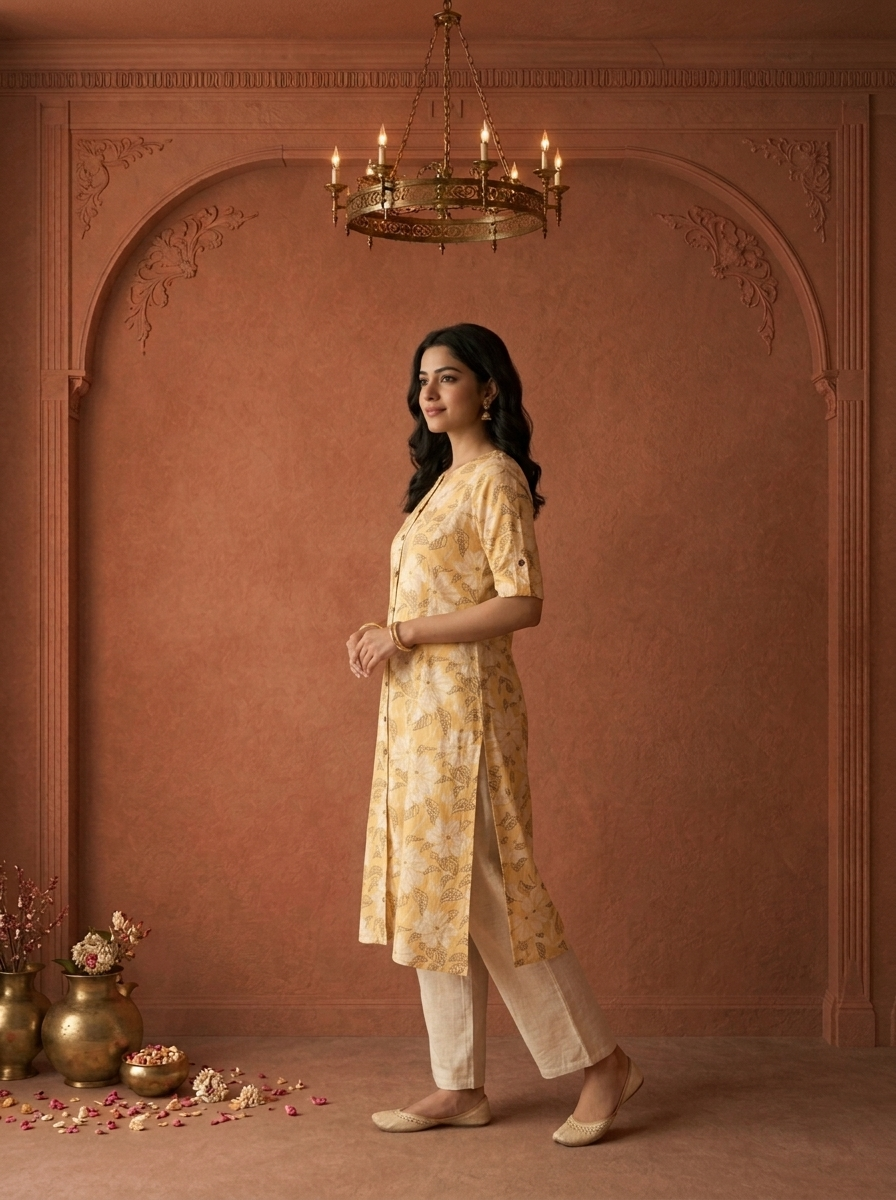 Yellow Cotton Digital Hibiscus Floral Printed Kurta