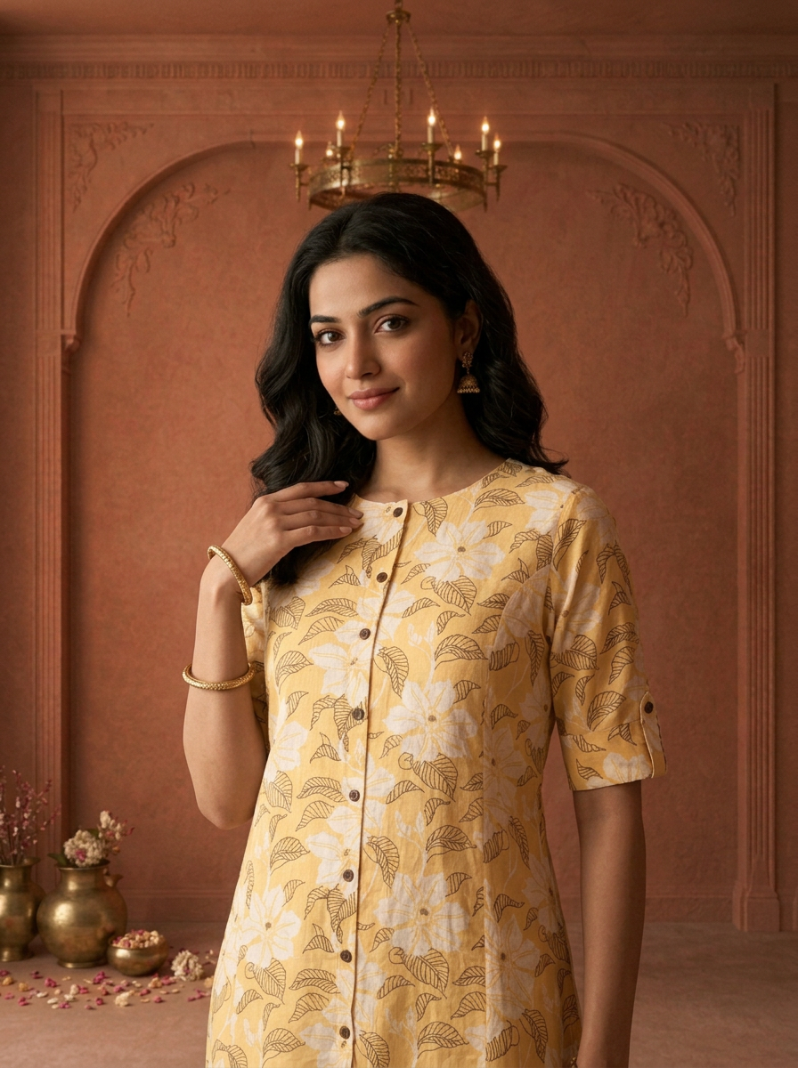 Yellow Cotton Digital Hibiscus Floral Printed Kurta