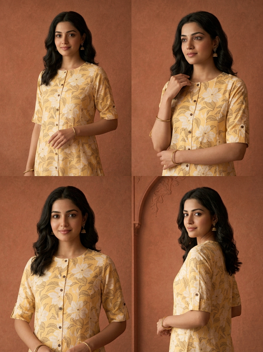Yellow Cotton Digital Hibiscus Floral Printed Kurta