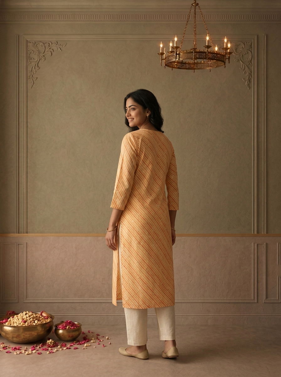 Yellow Cotton Striped Printed Kurta