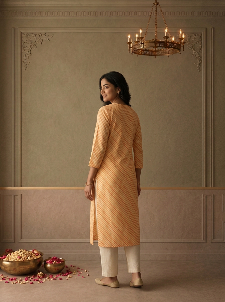 Yellow Cotton Striped Printed Kurta