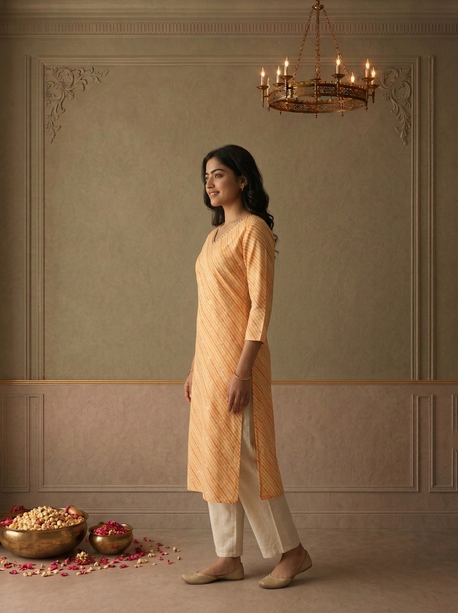Yellow Cotton Striped Printed Kurta