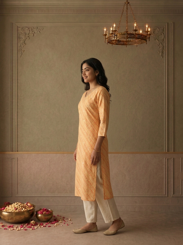 Yellow Cotton Striped Printed Kurta