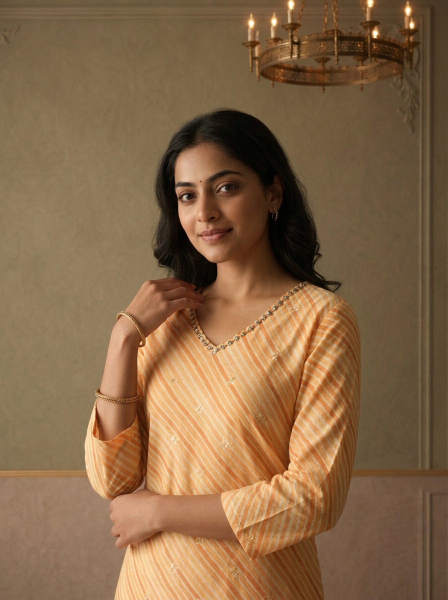 Yellow Cotton Striped Printed Kurta