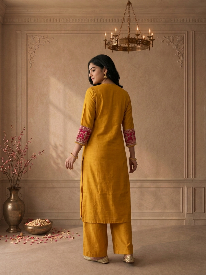 Mustard Rayon Solid With Thread Embroidered Two Piece Set