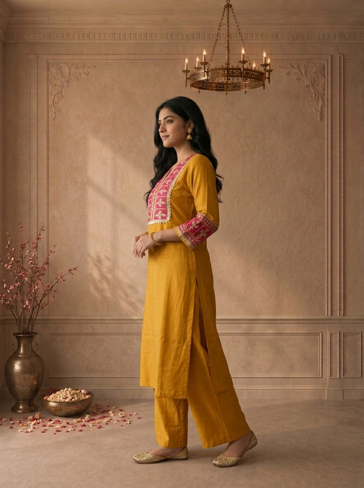 Mustard Rayon Solid With Thread Embroidered Two Piece Set