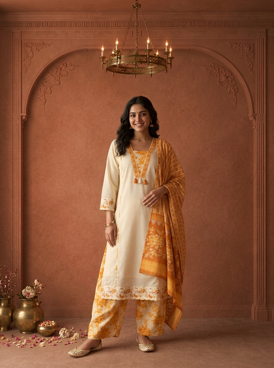 Cream Cotton Solid With Floral Printed Three Piece Set