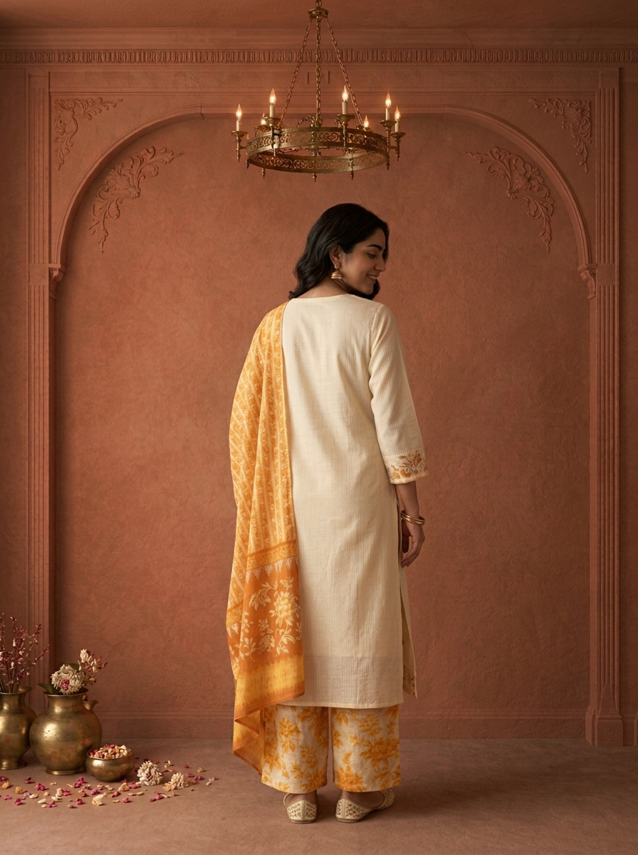 Cream Cotton Solid With Floral Printed Three Piece Set
