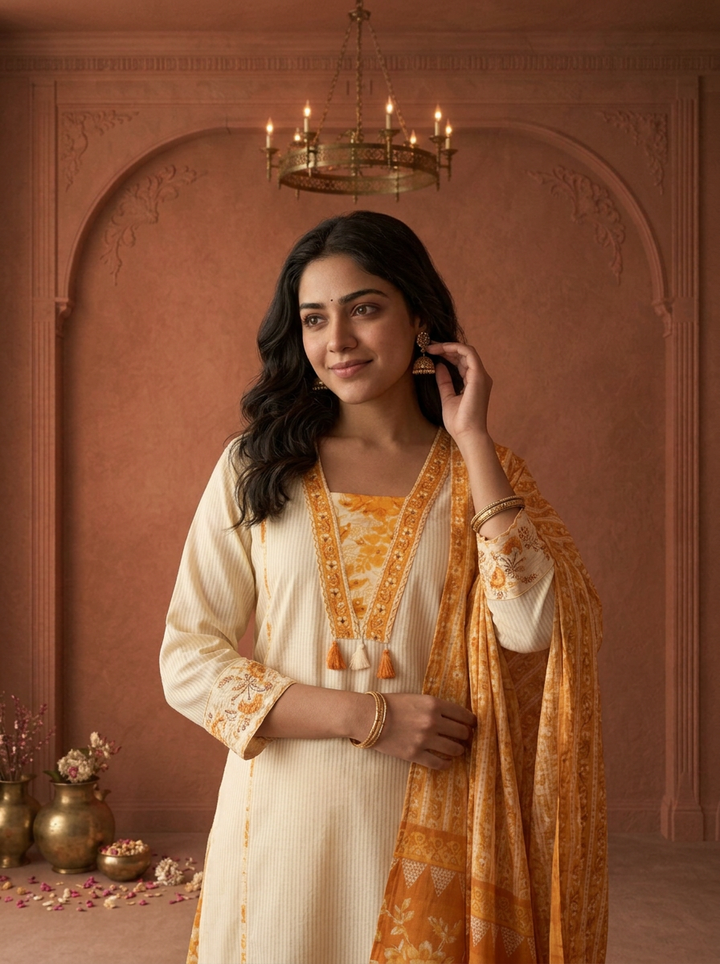 Cream Cotton Solid With Floral Printed Three Piece Set