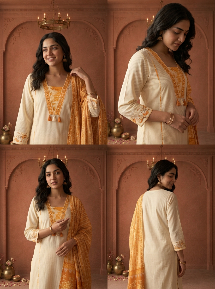 Cream Cotton Solid With Floral Printed Three Piece Set