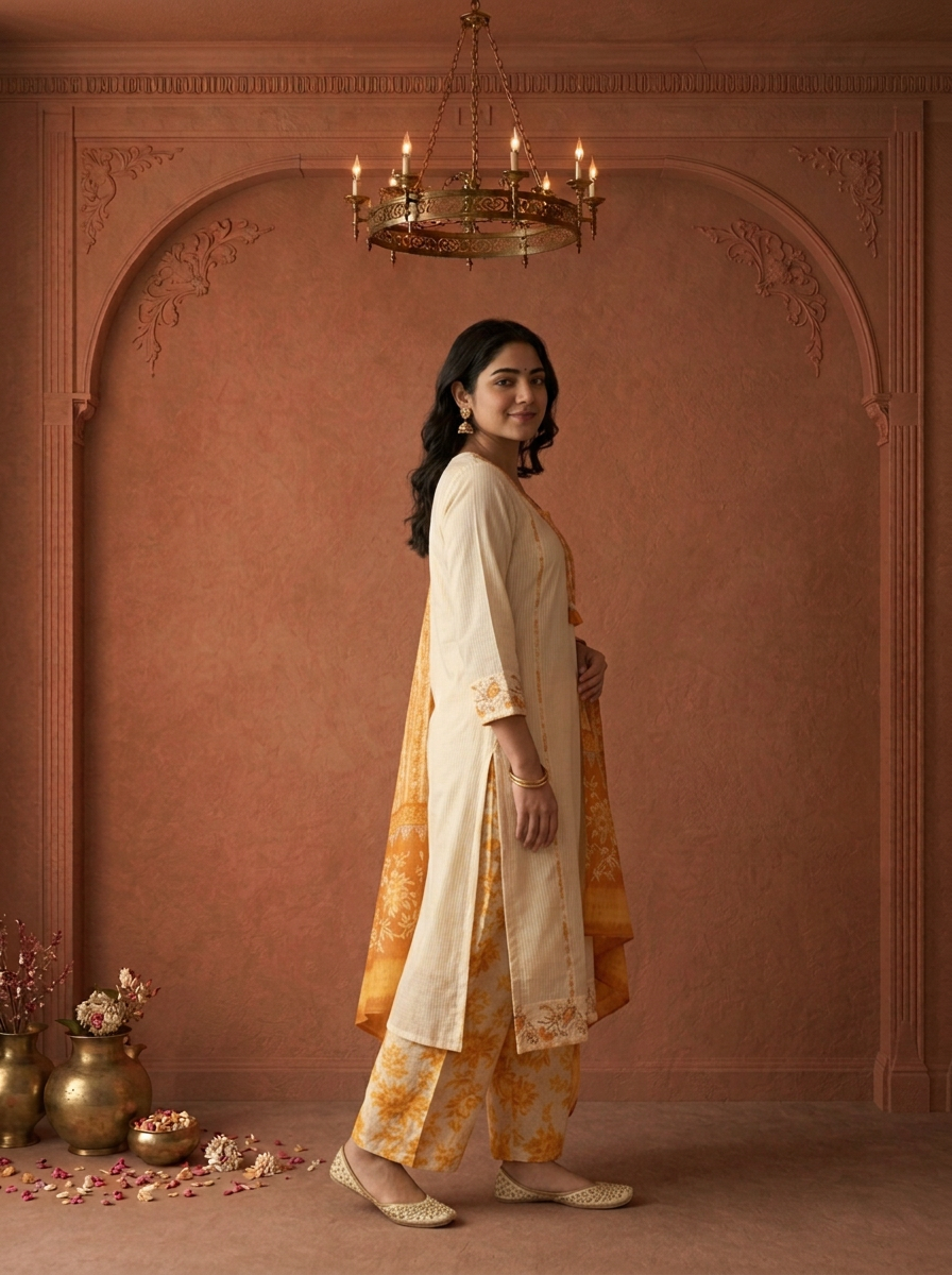 Cream Cotton Solid With Floral Printed Three Piece Set