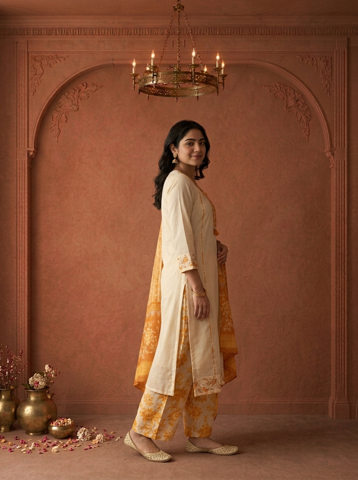 Cream Cotton Solid With Floral Printed Three Piece Set