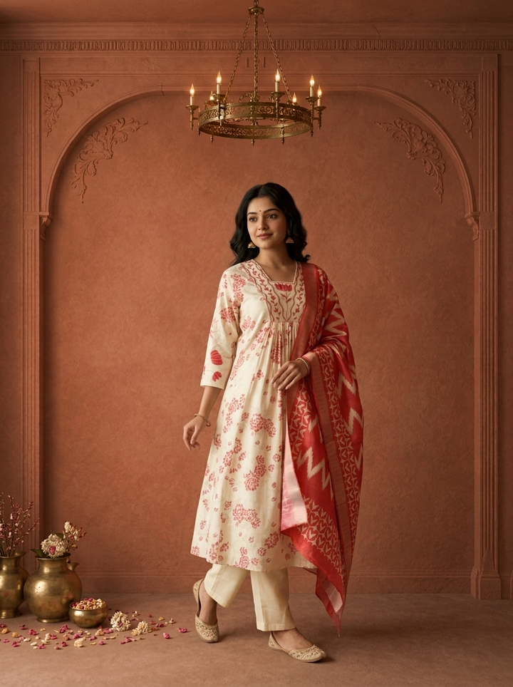 Rani Pink Rayon All-Over Floral Printed Three Piece Set