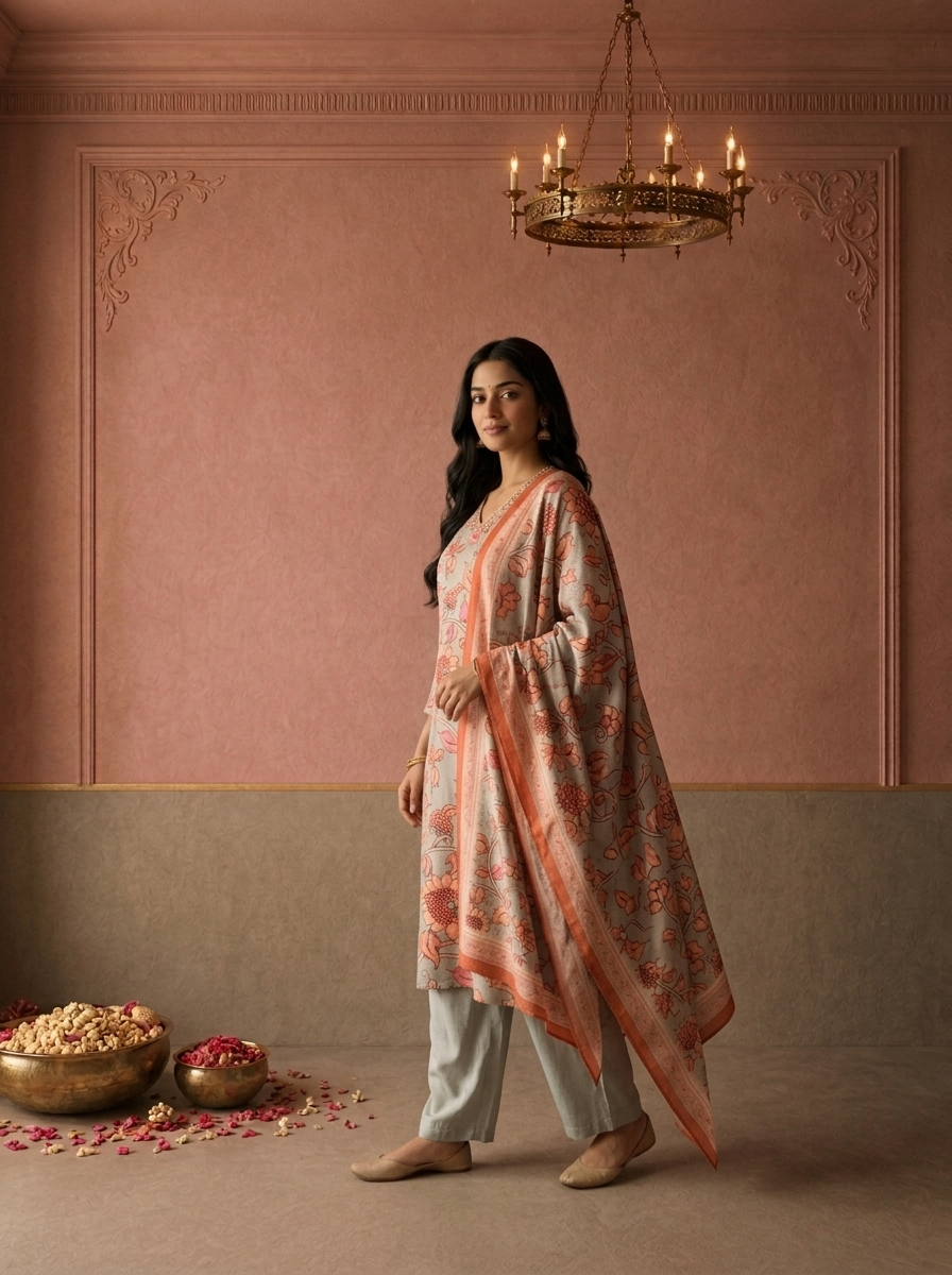 Grey Muslin Floral Kalamkari Printed Three Piece Set