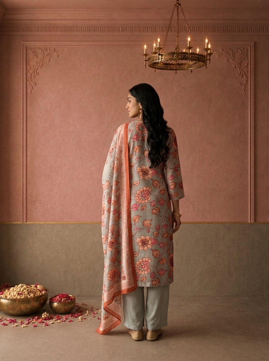 Grey Muslin Floral Kalamkari Printed Three Piece Set