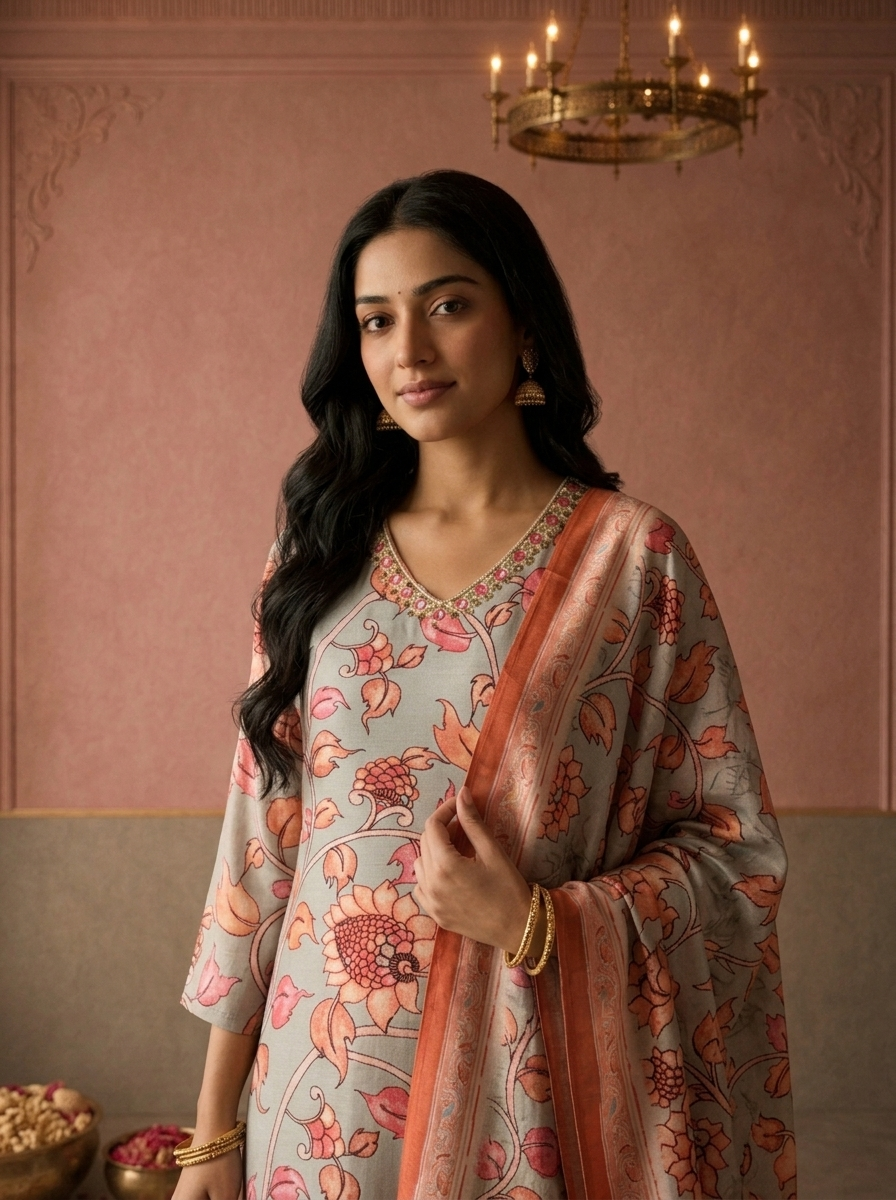 Grey Muslin Floral Kalamkari Printed Three Piece Set
