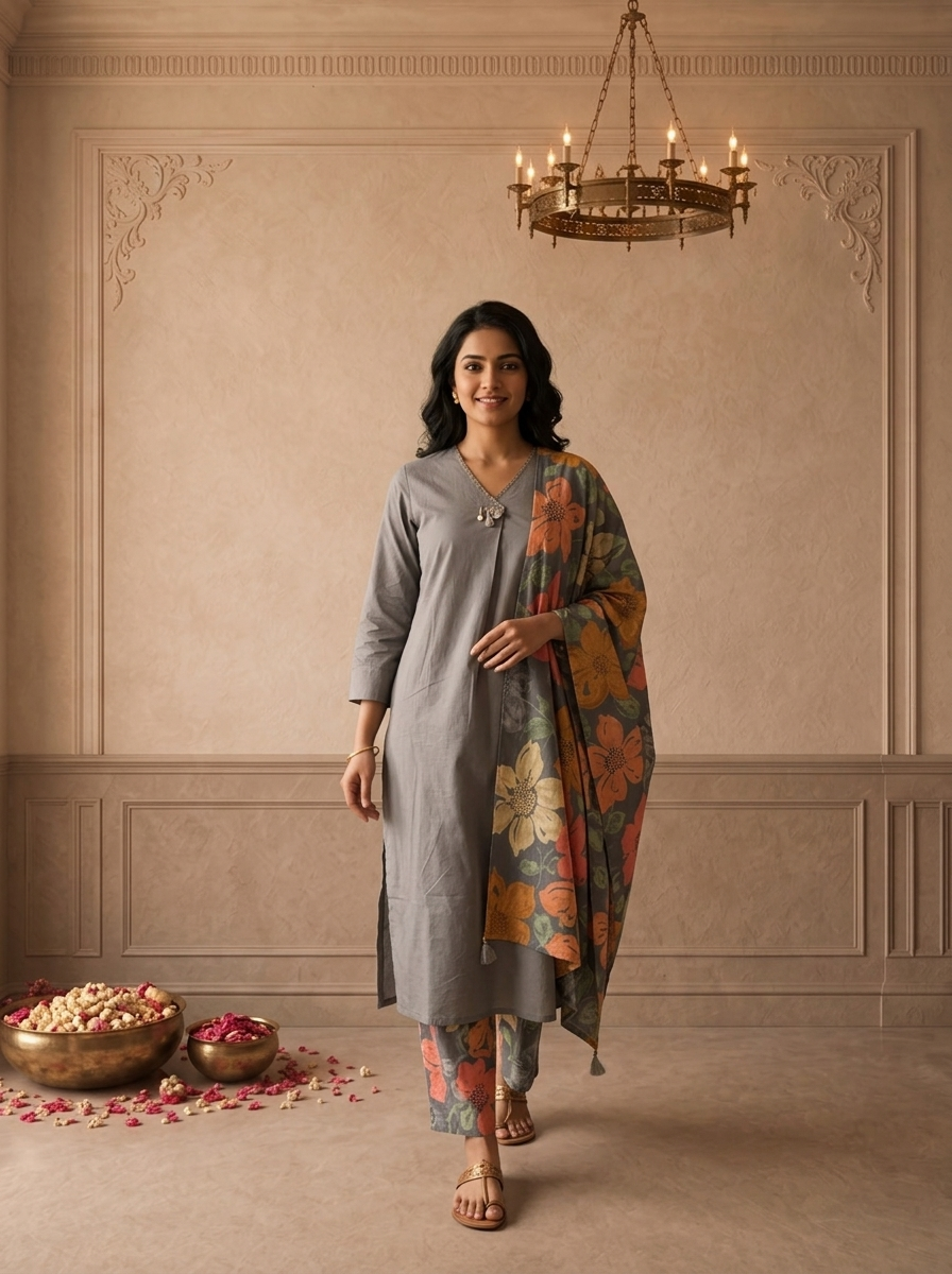 Grey Cotton Solid With Floral Printed Three Piece Set