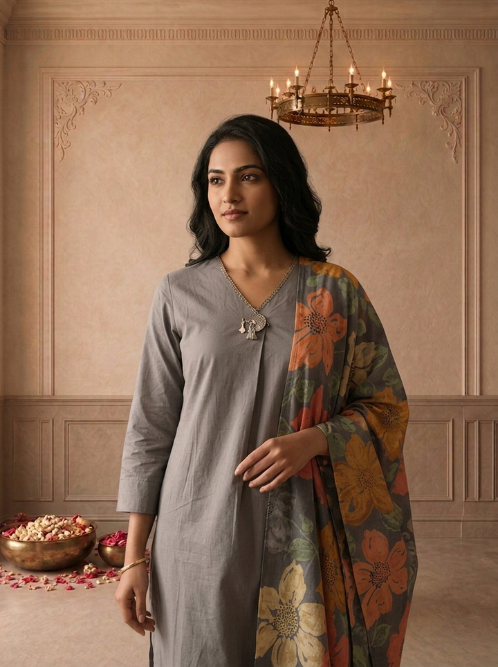 Grey Cotton Solid With Floral Printed Three Piece Set