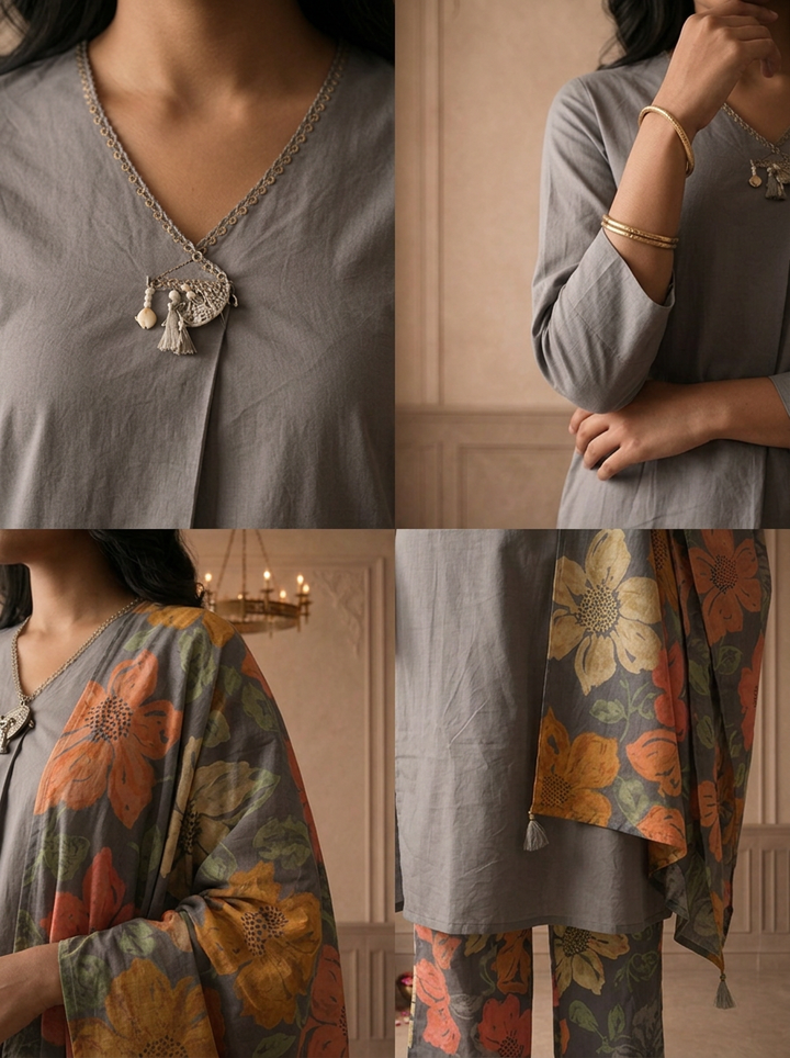 Grey Cotton Solid With Floral Printed Three Piece Set
