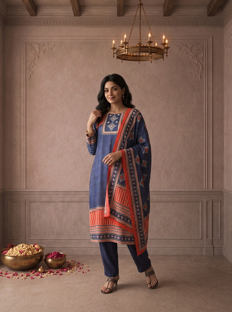 Navy Blue Muslin Geometric Printed Three Piece Set
