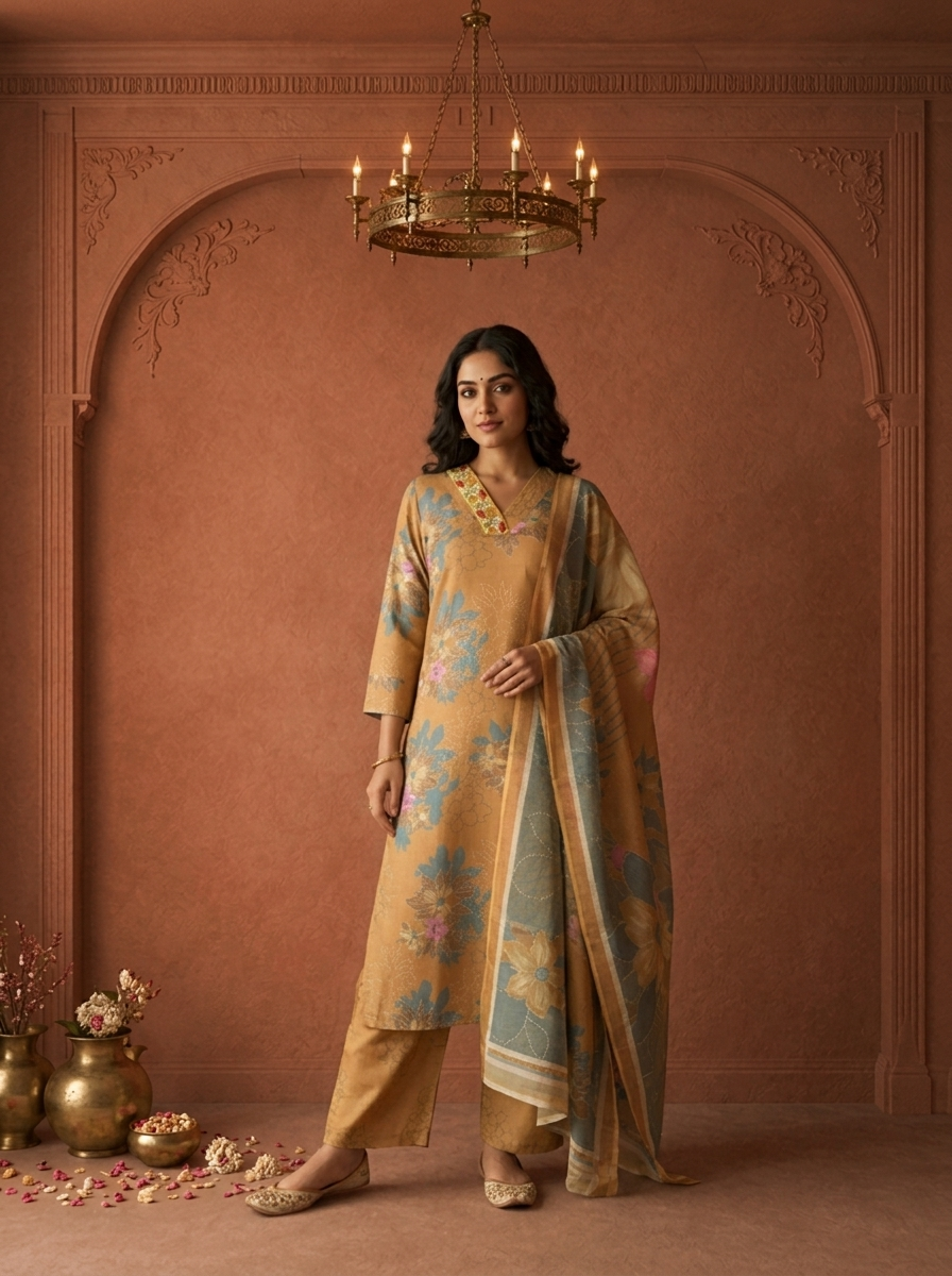 Mustard Green Rayon Floral Printed Three Piece Set